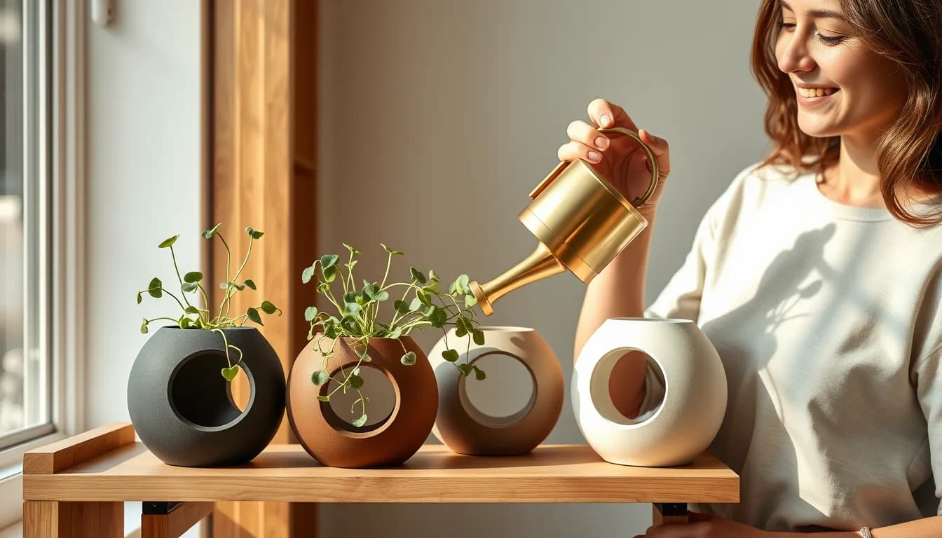 Orbis series planters arranged on a shelf in a warmly lit interior